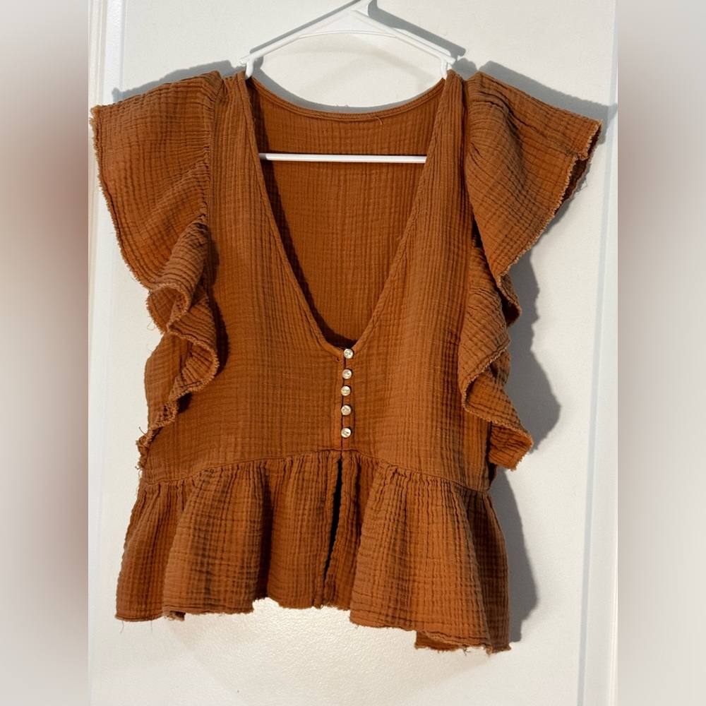 Elegant Brown Blouse with Ruffled Details